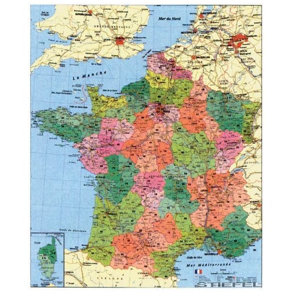 Franciaország megyéi és postai irányítószámos falitérkép, mágnesezhető, fémkerettel