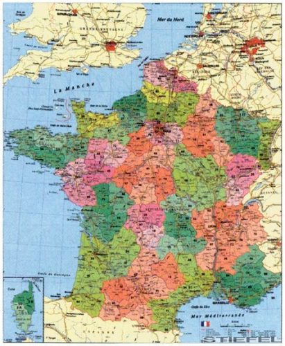 Franciaország megyéi és postai irányítószámai falitérkép