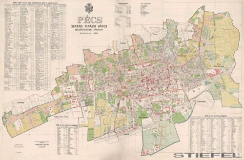 Pécs Szabad Királyi város belsőségének térképe fakeretben (1926)