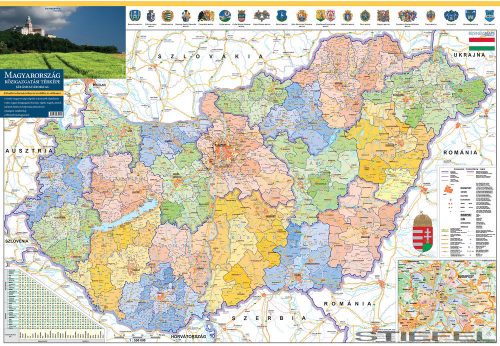 Magyarország közigazgatási térképe, falitérkép a járásokkal, címerekkel
