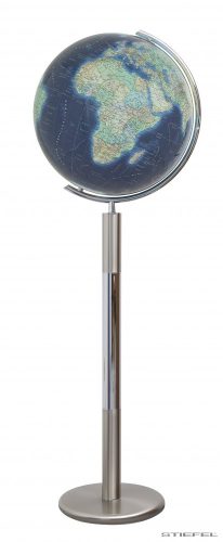 COLUMBUS DUO AZZURRO világítós, álló, kristályüveg földgömb, rozsdamentes acél talppal és meridiánnal Ø 40  cm