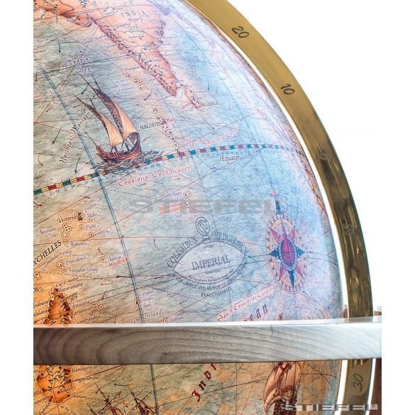 COLUMBUS IMPERIAL MAGNUM világítós, álló, antik színezésű, akrilüveg földgömb, diófa talppal és réz meridiánnal Ø 100  cm