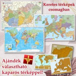  Falitérkép fémkeretes csomag, Magyarország, Európa és Világtérkép, ajándékba választható kaparós térképpel 